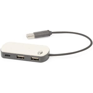 A compact Nylox USB hub in cream and grey, featuring one USB-C and two USB ports, with a connecting cable.