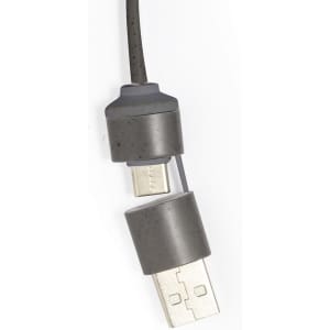 A USB hub in grey, featuring multiple ports and a flexible connecting cable for device connectivity.