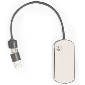 A black Nylox USB hub with a short cable and an ergonomic design, featuring a branding logo.