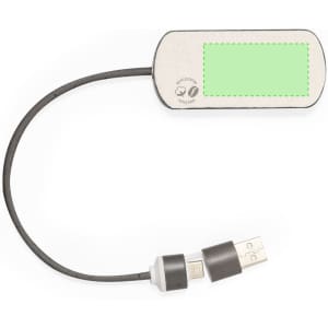 A USB hub with a grey body, featuring a USB connector and a blank area for branding.