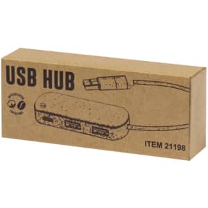 A brown cardboard box containing a USB hub with two ports, featuring a USB cable attached. The box has a logo.