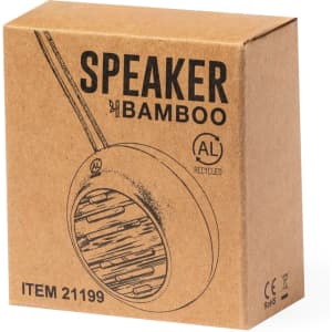 A brown cardboard box containing a bamboo speaker, featuring an illustration and a logo on the front.