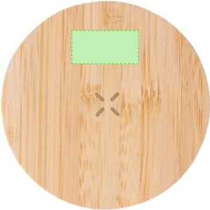 A round wireless charger with a bamboo finish featuring a small green label area and a logo.