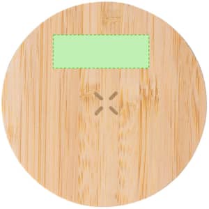 A round bamboo wireless charger with a light green label area in the centre. Features a logo on the surface.