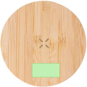 A round wireless charger made of bamboo with a smooth surface and a logo on it.