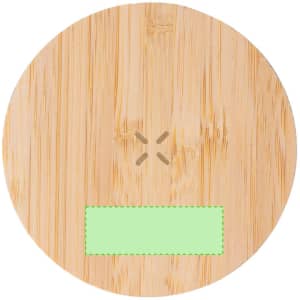 A round wireless charger with a bamboo finish, featuring a small logo and a green accent area.