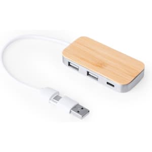 A bamboo and silver USB hub with three ports and a white cable. It features a logo on the surface.