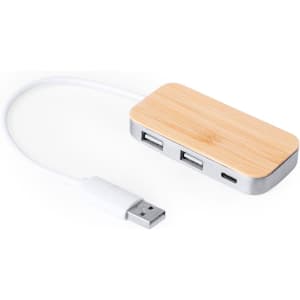 A USB hub with a bamboo top and metallic base, featuring multiple ports and a white cable.