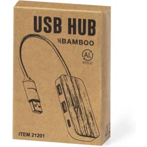 A USB hub in a brown box, featuring a bamboo design and two USB ports. The packaging has a recycling label and a logo.
