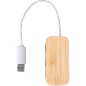 A USB hub with a wooden finish, featuring a white cable for connectivity. Includes a logo on the surface.