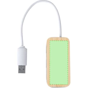 A USB hub with a natural wood design and a white cable connector, featuring a plain green surface.