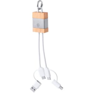 A charging cable with a wooden and metal connector and dual white cables for USB and micro-USB connections.
