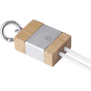A bamboo and metal charging cable with two white cords and a metal ring for attachment.