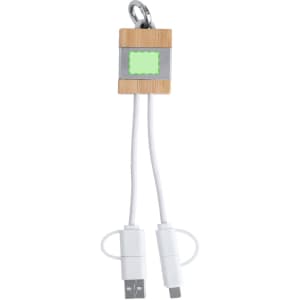 A charging cable with a wooden and metal design, featuring two white connectors and a keychain attachment.