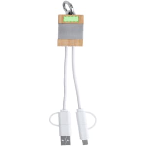 A bamboo and metal charging cable with two white connectors, featuring a keychain attachment.