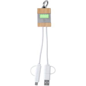 A charging cable with a wooden connector and two white cables, featuring a keychain loop.