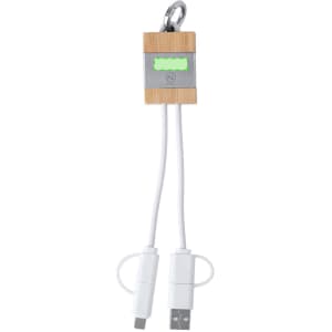 A charging cable with a wooden body and two white connectors hanging from a keyring. It has a logo.