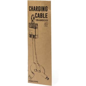 A charging cable with a bamboo design displayed on eco-friendly packaging, featuring an illustration and a logo.