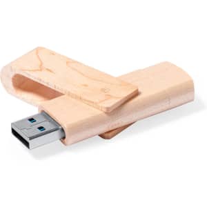 A wooden USB flash drive with a natural finish, designed for storage and transfer of data.