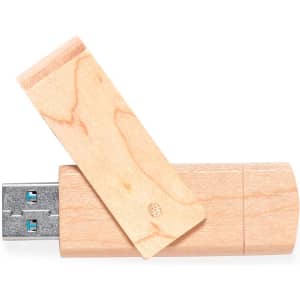 A wooden 16GB USB memory stick with a removable cap, featuring a natural wood finish and silver USB connector.
