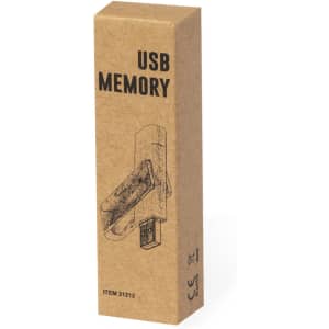 A brown cardboard box containing a USB memory device, featuring a simple illustration and a branding logo.