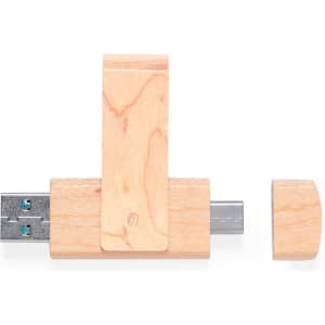 A wooden USB flash drive in a natural finish with a removable cap and a logo.