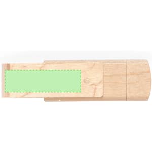 A wooden USB memory stick in a natural finish, with a green label area and featuring a logo.