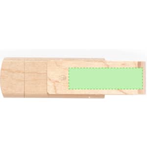 A wooden USB flash drive with a smooth finish and a green placeholder for branding or personalisation.
