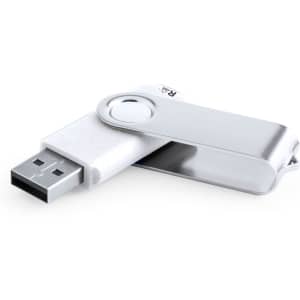 A 16GB white and silver USB memory drive with a swivel cover and a logo.