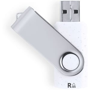 A grey and white USB memory stick with a swivel design and a circular attachment point. It has a branding logo.
