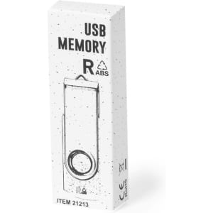 A white USB memory flash drive in a packaging box, featuring a simple design and a logo.