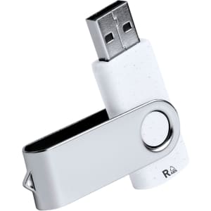 A white and silver USB memory drive with a swivel design, featuring a logo on its body.