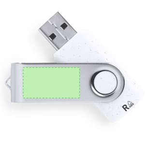 A white and silver USB memory drive with a rotating cap and a plain green section for customisation.