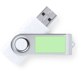 A white 16GB USB memory flash drive with a silver swivel mechanism and a blank green area for custom branding.