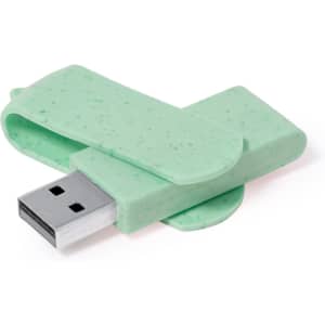 A mint green USB memory stick with a simple design, featuring a silver connector and a logo.