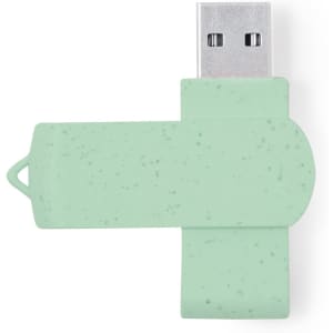 A green 16GB USB memory drive with a flip cover and a logo on the side.
