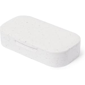 A white, speckled USB memory drive case with a smooth, rounded rectangular shape and a small latch.