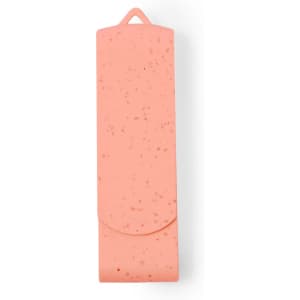 A pink USB memory drive with a smooth finish and a loop for attachment, featuring a branded logo.