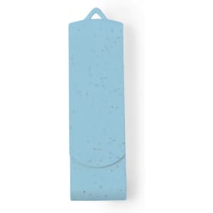 A light blue USB memory drive with a speckled texture and a rounded design. It features a logo.