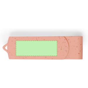 A pink USB memory drive with a rounded end and a logo, featuring a blank green area for personalisation.