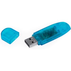 A blue 16GB USB flash drive with a removable cap beside it. The drive features a translucent design.