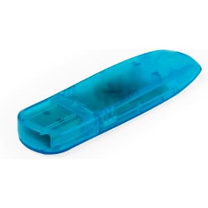 A turquoise USB memory stick in a sleek, streamlined design with a logo on its surface.