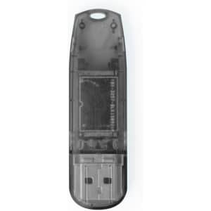 A grey 16GB USB memory stick with a transparent casing, featuring internal circuitry and a USB connector.