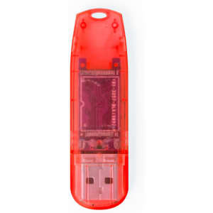 A red USB flash drive with a transparent casing, featuring internal components visible through the cover.