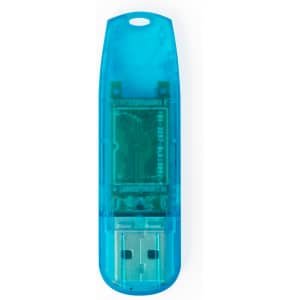 A blue USB memory stick with a transparent casing, showcasing the internal components and a USB connector.