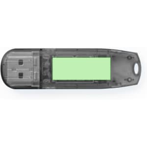 A grey and transparent USB flash drive with a green panel. It features a logo on one side.