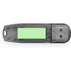 A grey and transparent USB flash drive with a green interface. It features a small hole for attachment and has a logo.
