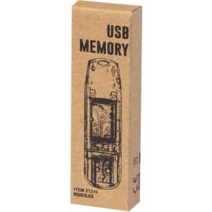 A USB memory flash drive in a brown cardboard box, featuring black accents and a logo.