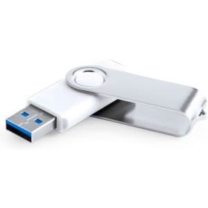 A silver and white Brabam 16GB USB memory stick with a swivel design and a logo.
