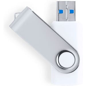 A silver and white 16GB USB memory drive with a swivel design and metallic accents.